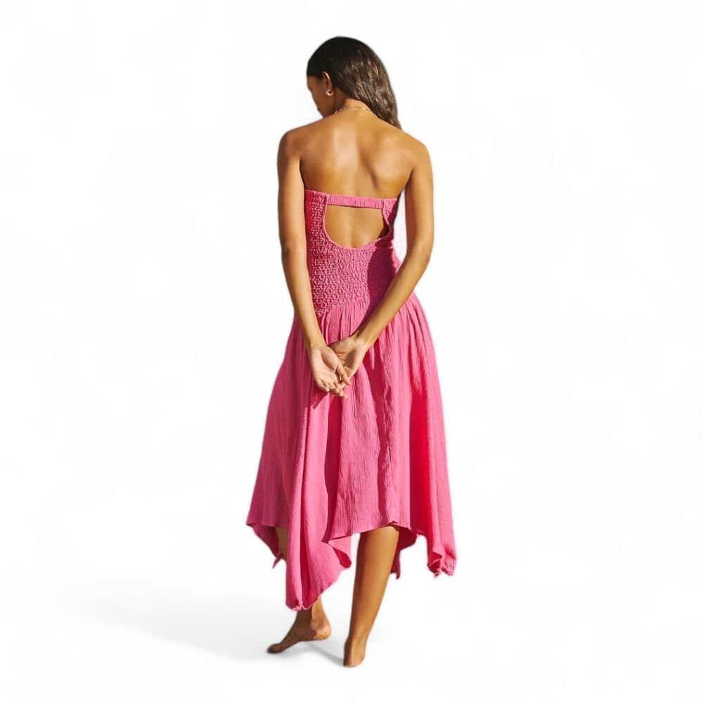 Anthropologie Crinkle Gauze Strapless Smocked Coverup Cut Out Beach Dress Sz M
